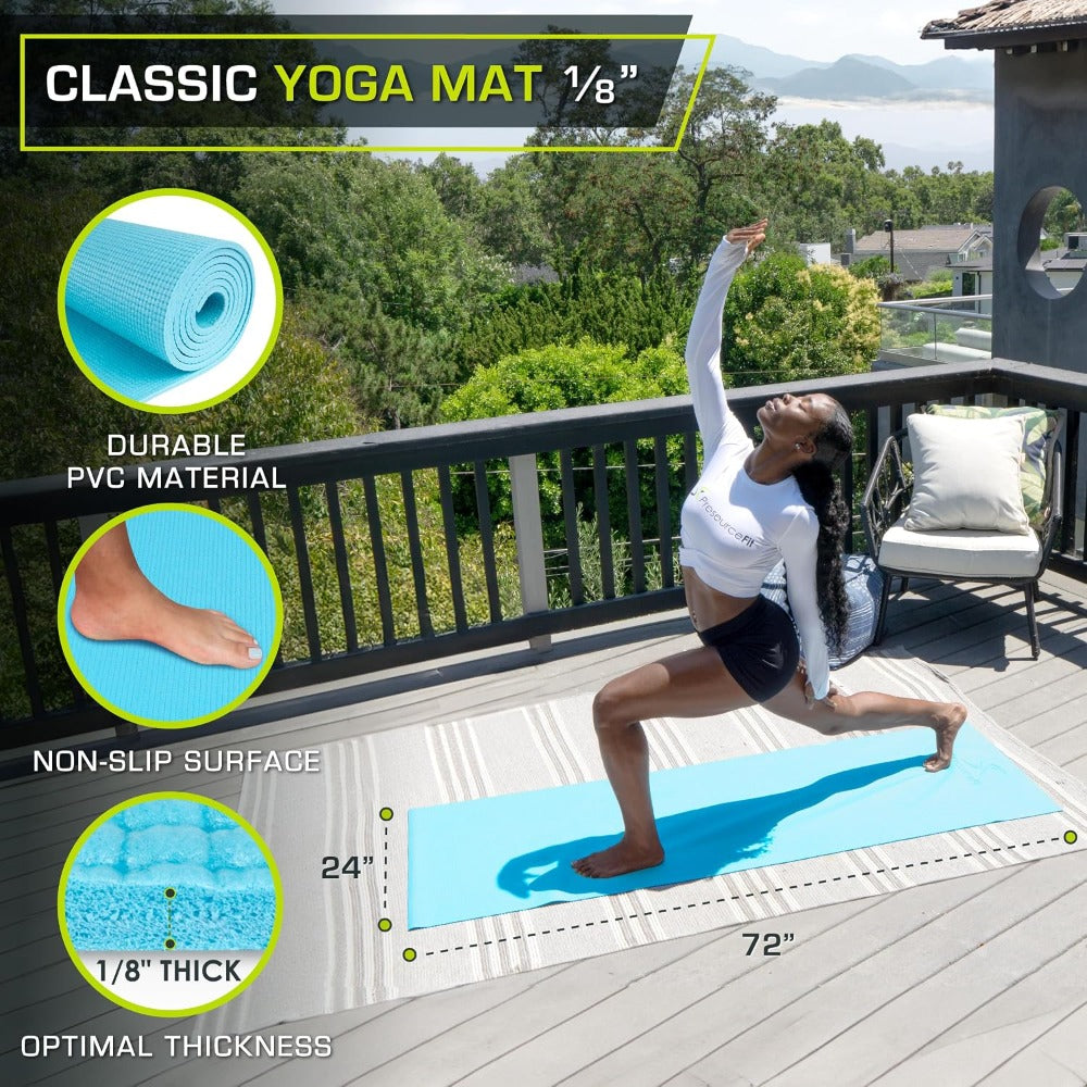 Classic Yoga Mat 1/8” (3mm) Thick, Extra Long 72-Inch Lightweight Fitness Mat with Non-Slip Grip for Yoga, Pilates, Exercise